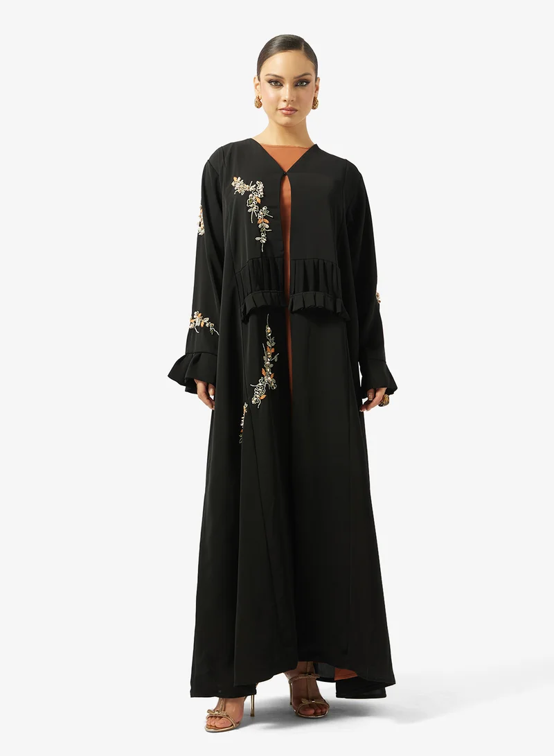 hayas closet  Black Embroidered Abaya With Sheila for Women | Best Price UAE